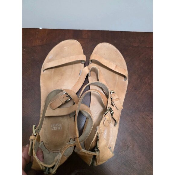 Eileen Fisher Tan Leather Gladiator Sandals With Adjustable Straps & Side Zipper - Picture 5 of 9